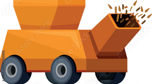 Orange mulcher processing wood waste, throwing wood chips, agricultural machinery for forestry and gardening