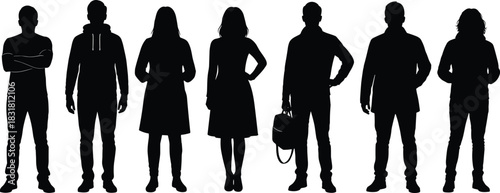 Silhouettes of diverse men and women standing in a row, representing people group concept, teamwork, community, unity, identity and modern lifestyle