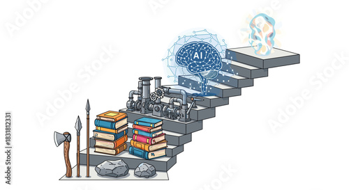 Evolution of Human Knowledge and Technology from Primitive Tools to Artificial Intelligence, Generative AI.