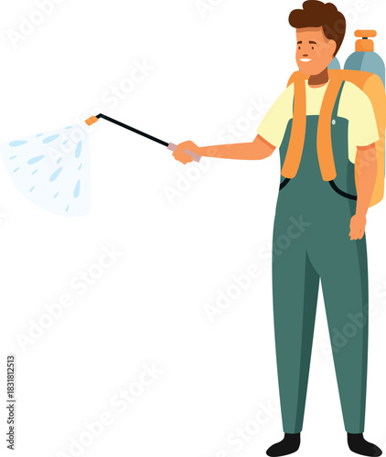 Exterminator spraying insecticide for disinfection or pest control, using a tank he carries on his back
