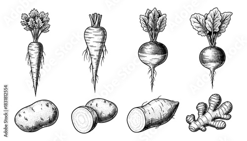 Hand-drawn root vegetables collection with carrots, beets, potatoes, and ginger