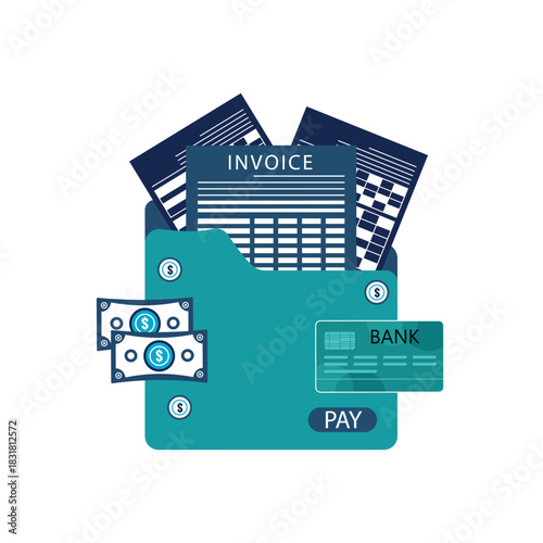 Invoice paper document in folder. Accounting finance payment record. Vector illustration. Bill receipt management