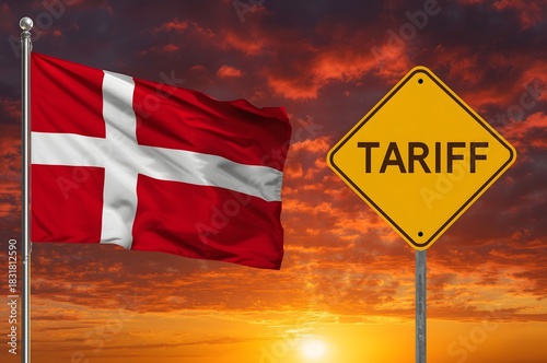 Flag of Denmark with Tariff Sign at Sunset