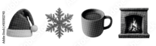 Winter holiday icons: santa hat, snowflake, coffee mug, fireplace
