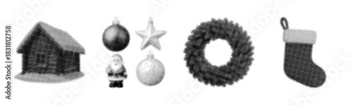 Black and white christmas decorations: house, ornaments, star, wreath, stocking