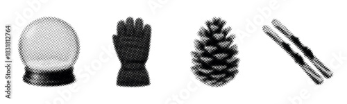 Halftone winter objects: snow globe, glove, pine cone, skis