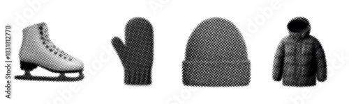 Winter gear: ice skate, mitten, beanie, and jacket collection