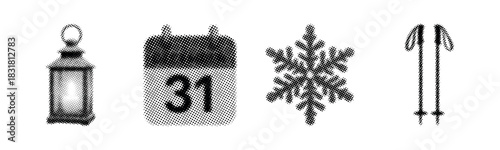 Winter symbols: lantern, calendar 31, snowflake, ski poles