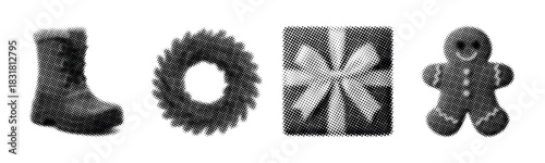 Holiday symbols: boot, wreath, gift box, gingerbread cookie in festive icons