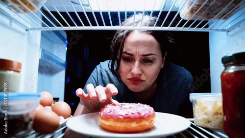Hungry woman staring at a pink donut inside an open refrigerator late at night. Person struggling with diet temptation and reaching for a sweet snack. Unhealthy eating and guilt concept