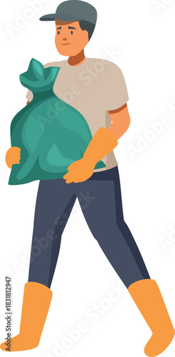 Volunteer wearing gloves and boots carrying garbage bag promoting environmental protection and recycling