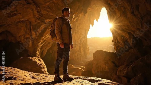 Wallpaper Mural Adventurer stands in cave entrance bathed in golden sunlight. Torontodigital.ca
