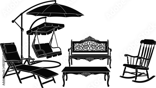 Silhouettes of various outdoor furniture pieces including swing chair, lounge chair, garden bench, table and rocking chair for patio and backyard decoration
