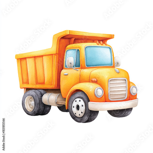 Hand-Drawn Yellow Dump Truck Watercolor Art, Children's Construction Vehicle