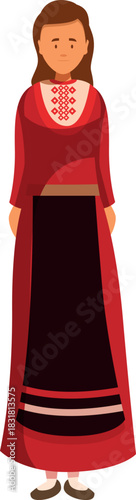 Belarusian woman proudly wearing traditional red dress with intricate embroidery, representing rich cultural heritage