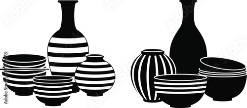 Black and white illustration of various ceramic vases and bowls arranged together