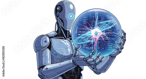 Futuristic robot holding a glowing orb of technology and data, Generative AI.