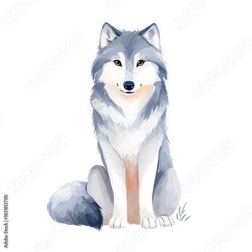 Majestic Watercolor Gray Wolf Illustration Sitting Calmly