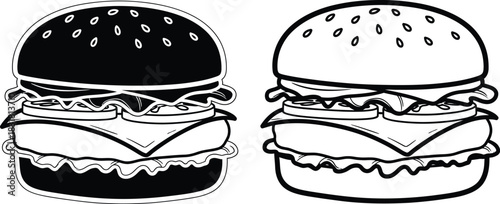 Two classic cheeseburgers one with a black bun in a simple line art style
