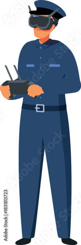 Police officer wearing virtual reality goggles and holding remote control, piloting drone for surveillance or rescue operations
