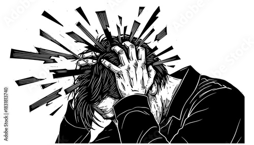Overwhelmed and stressed: dramatic black and white line art of a despairing person grasping their head