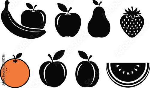 Silhouette illustrations of various fresh fruits arranged in a clean minimalist style