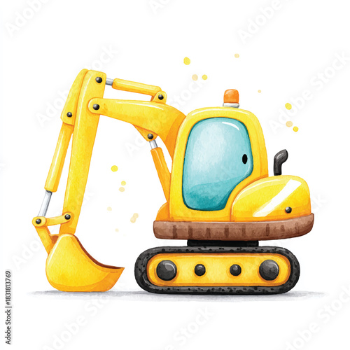 Cute Yellow Cartoon Excavator Watercolor Illustration