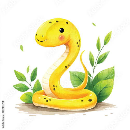 Cute Yellow Cartoon Snake Watercolor Illustration with Green Leaves