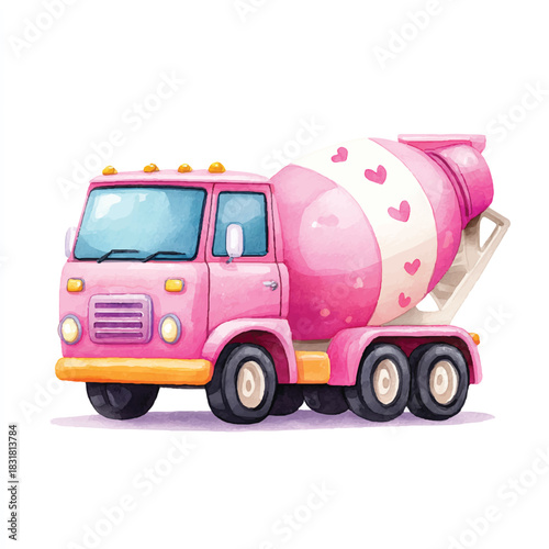Pink Cement Mixer Truck Watercolor Illustration with Hearts