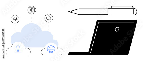 Cloud computing, internet, search, user profiles, and file security icons linked to a cloud. Minimalist laptop and pen highlighting technology, data access, collaboration and workflow. Ideal