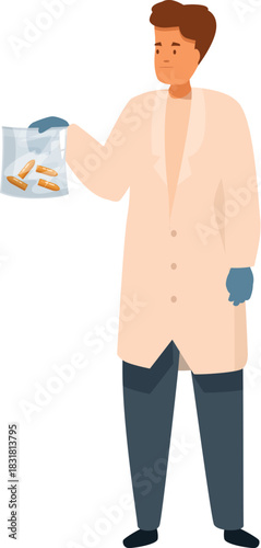 Forensic scientist wearing gloves and lab coat holding plastic bag containing bullet casings, conducting criminal investigation