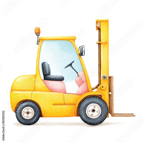 Cute Yellow Forklift Truck Watercolor Illustration
