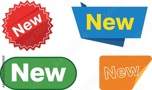 Colorful new labels and banners in red blue green and orange hues