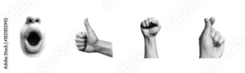 Monochrome halftone hands: open mouth and various gestures art design