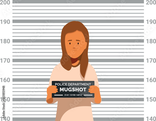 Young woman posing for mugshot, holding a police department sign with identification numbers, expressing sadness and regret