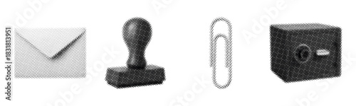 Envelope, stamp, paperclip, and safe in black and white halftone design