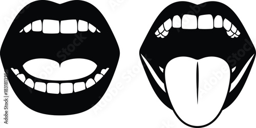 Two black and white illustrations depicting open mouths with teeth and tongues