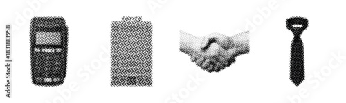 Halftone art: barcode scanner, battery, handshake, bottle cap