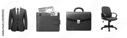 Monochrome business icons: suit, money, briefcase, office chair