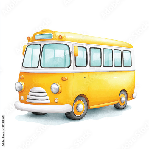 Cute Yellow School Bus Watercolor Illustration