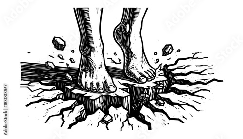 Human feet on cracked ground in dynamic engraving style