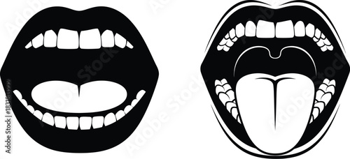 Two contrasting views of an open mouth showcasing teeth and tongue