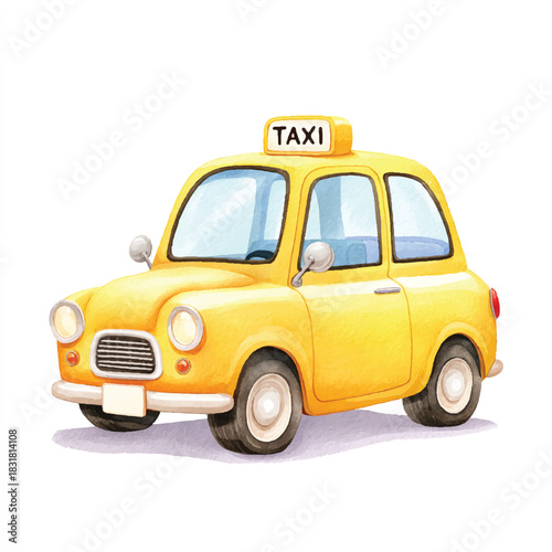 Cute Yellow Taxi Car Watercolor Illustration