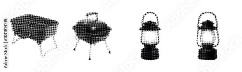 Outdoor cooking grills and vintage lanterns in black and white