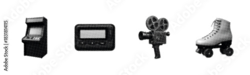 Retro technology and recreation icons: arcade cabinet, pager, video camera, roller skate