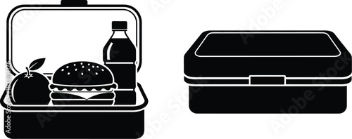 Black and white illustration of a lunchbox filled with food and a closed container