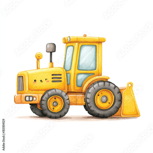 Cute Yellow Tractor Watercolor Illustration