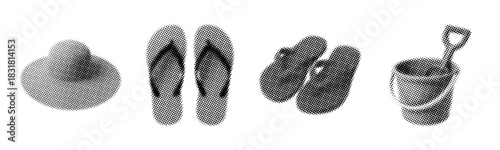 Beach essentials: sun hat, flip flops, sandals, and sand bucket with shovel