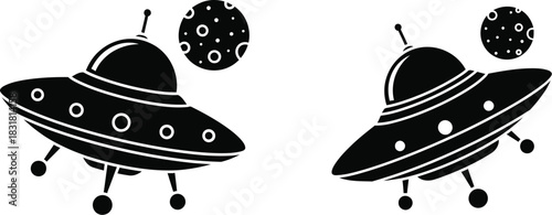 Two black flying saucers and planets in a simple illustrative style