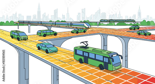 Futuristic transportation system with electric vehicles and highspeed trains, Generative AI.